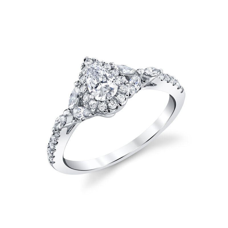 Pear Shape Natural Diamond 1ctw. Halo Three Stone Plus Engagement Ring in 14k White Gold image number null